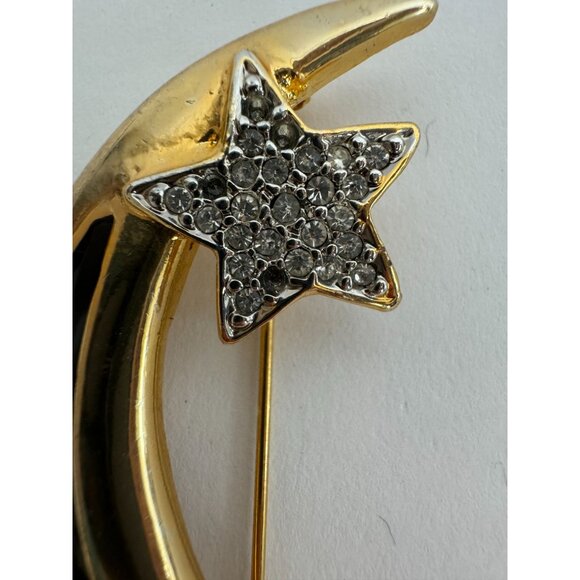 Vintage Gold-Tone Crescent Moon & Star Brooch With Rhinestones & Black Enamel - Picture 16 of 16